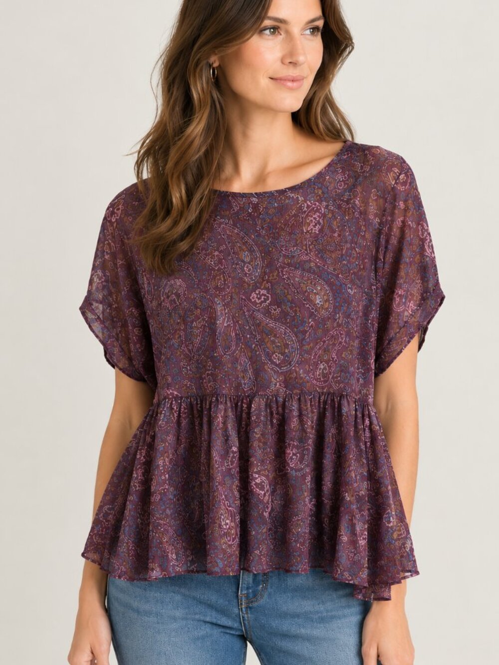 Cinq A Sept Red Blue Paisley Floral Short Sleeve Empire Waist Blouse Top M